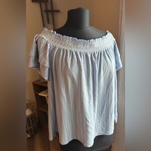 American Eagle Outfitters Blue Smocked Off-Shoulder Blouse